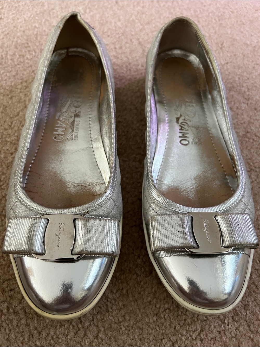 Salvatore Ferragamo Metallic Silver Varina Bow Ballet Flats